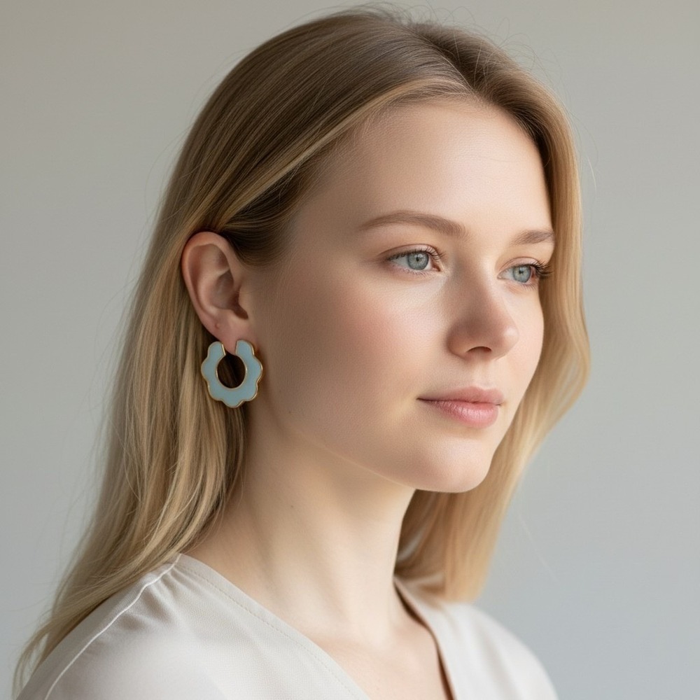 On 34th Gold-Tone Blue Scalloped C-Hoop Earrings 1.6" Medium Epoxy Stone